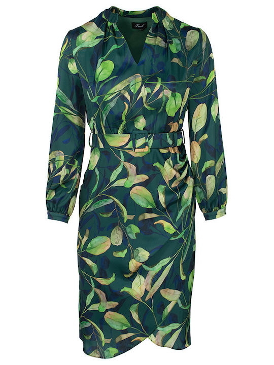Midi Dress Long Sleeve Satin Wrap Green