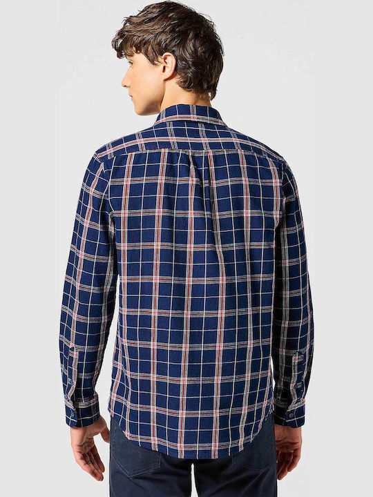 Long-sleeved Cotton Shirt Checked Blue