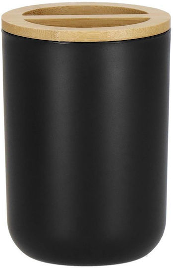 Schwarzes 6-teiliges rundes Badezimmerzubehör-Set aus Kunststoff mit Bambuselementen
