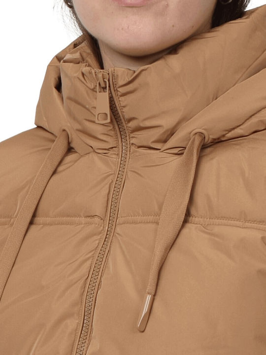 Women's Short Puffer Jacket for Winter with Hood Beige