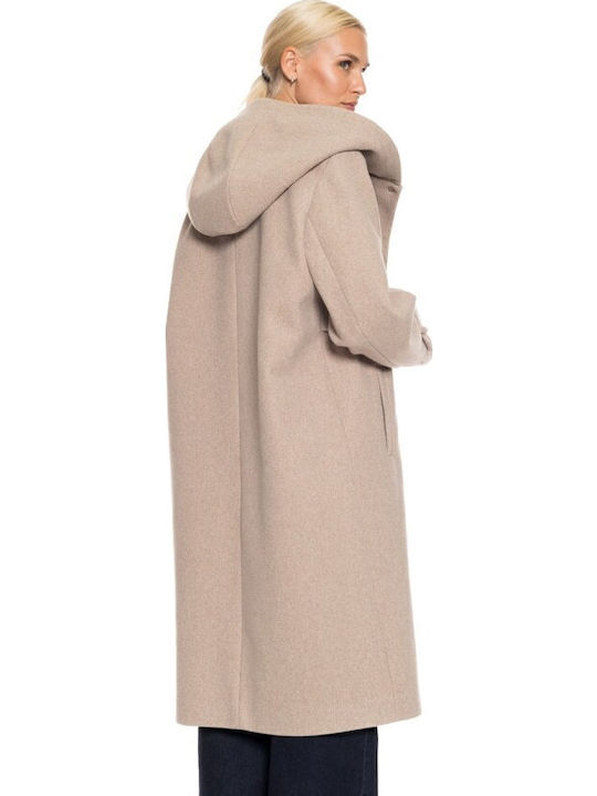 Damen Beige Mantel mit Kapuze