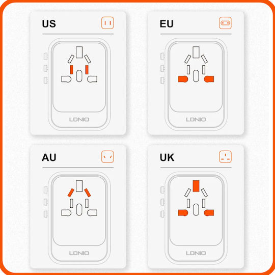 Universal Travel Adapter Gan 45w 2xusb-c Usb-a