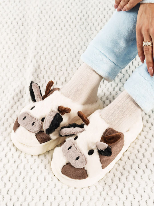 Dark Beige Cute Furry Cow Slippers