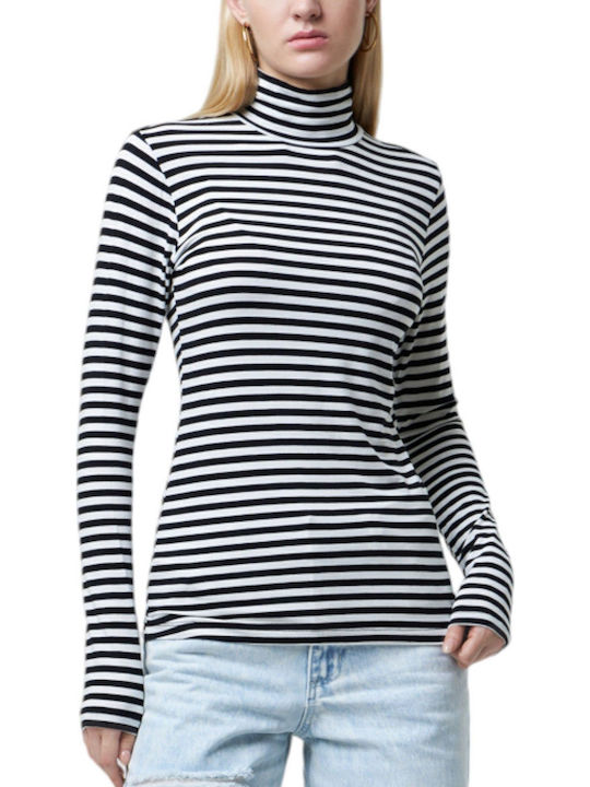 Women's Blouse Cotton Long Sleeve Turtleneck Striped Off White