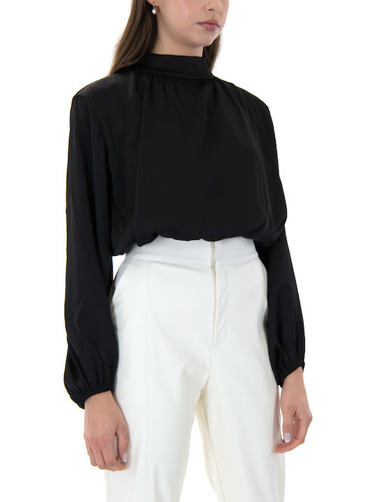Women's Crop Top Satin Long Sleeve Black
