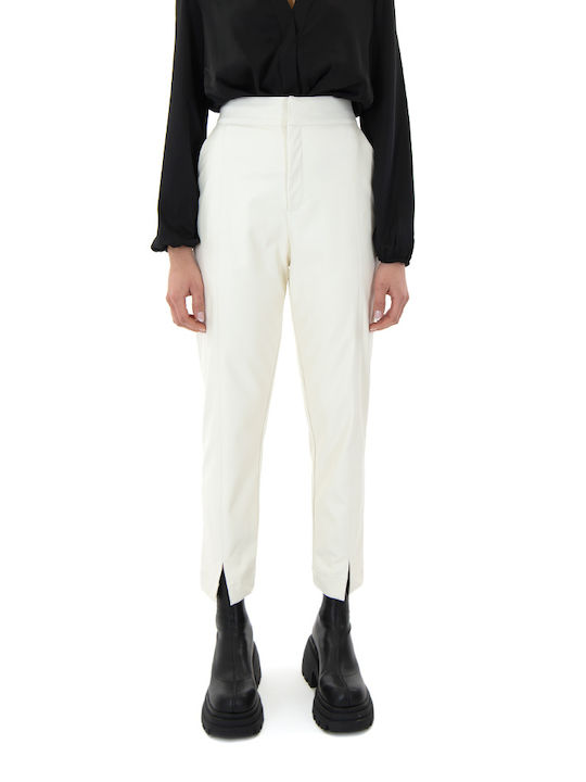 MY T Women's High-waisted Leather Trousers Ecru (off-white)