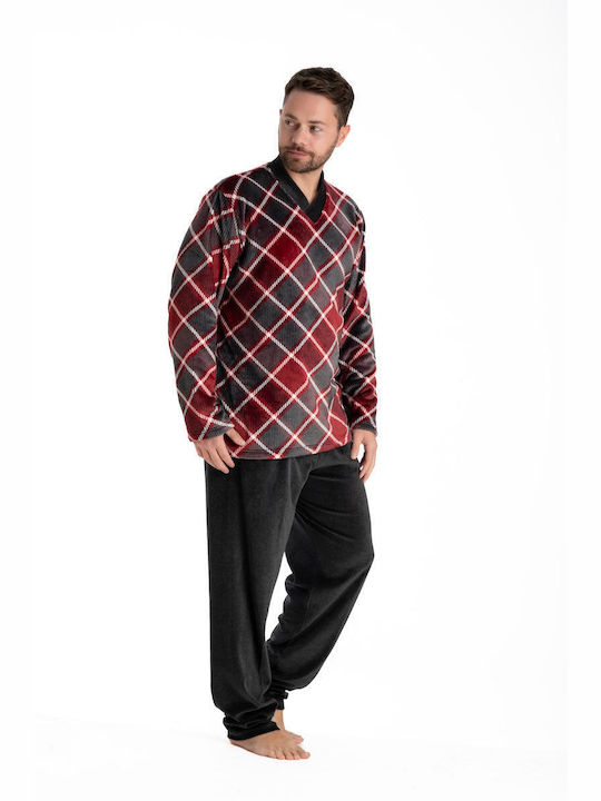 Relax Anatomic Men's Winter Velvet Checked Pajamas Set Red With Grey