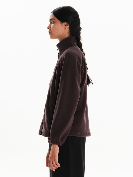 Fleece Γυναικεία Ζακέτα με Φερμουάρ σε Καφέ Χρώμα