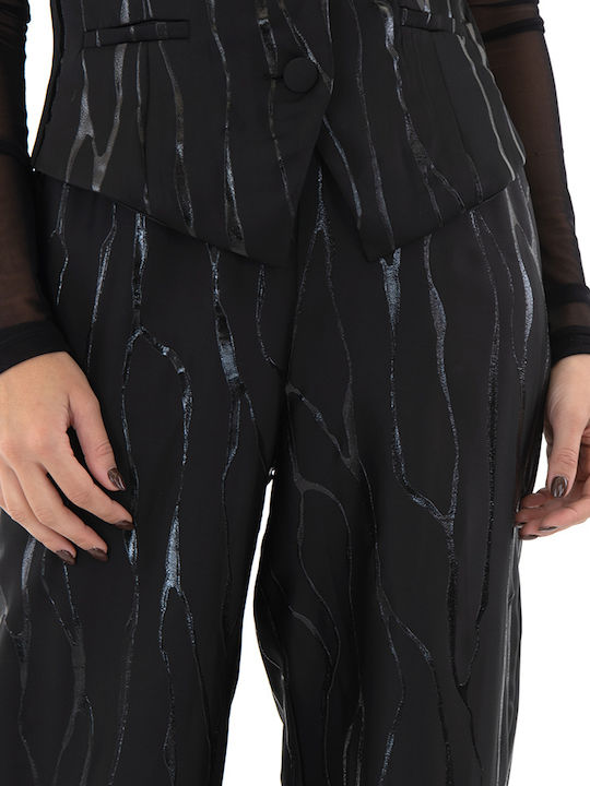Women's High-waisted Fabric Trousers with Elastic in Wide Line Black