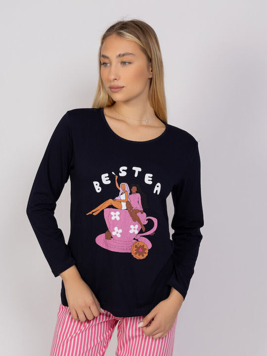 Sexen Χειμερινό Γυναικείο Σετ Πιτζάμας Βαμβακερό Μπλε