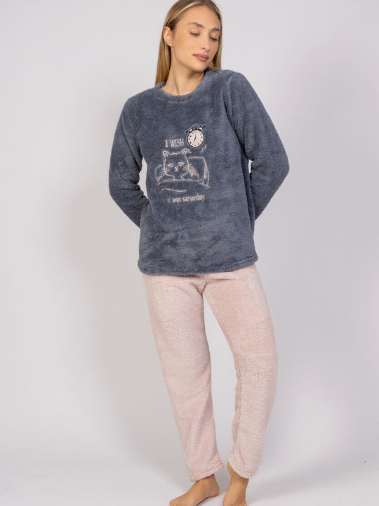 Sexen Χειμερινό Γυναικείο Σετ Πιτζάμας Fleece Μπλε