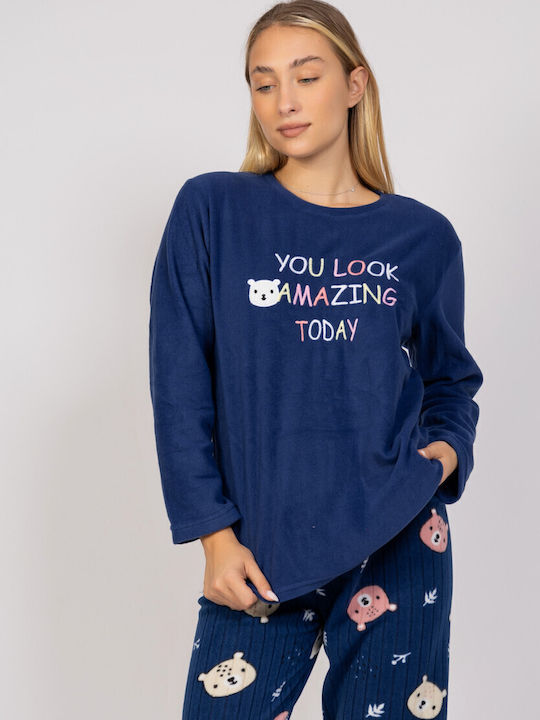 Sexen Χειμερινό Γυναικείο Σετ Πιτζάμας Fleece Μπλε