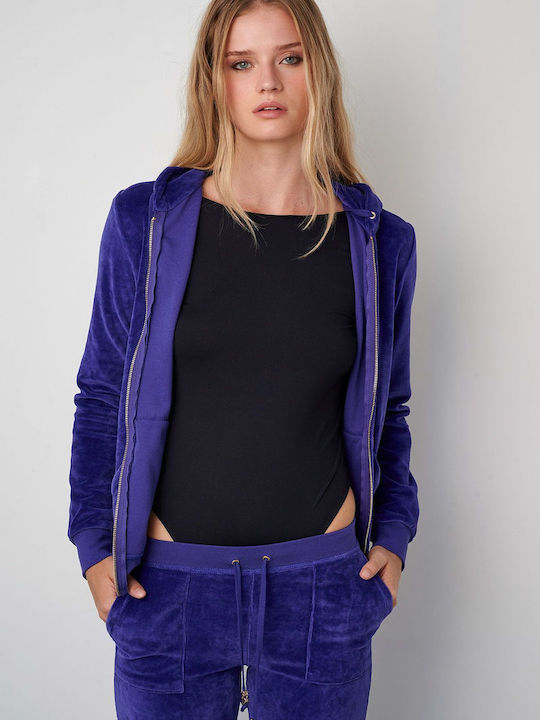 SugarFree Women's Hooded Velvet Cardigan Blue