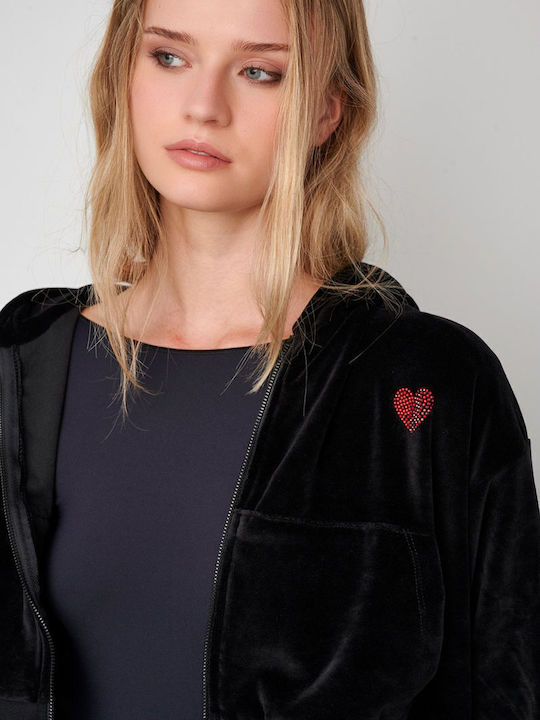 Crop Heart Cropped Γυναικεία Ζακέτα Φούτερ Βελουτέ με Κουκούλα Μαύρο