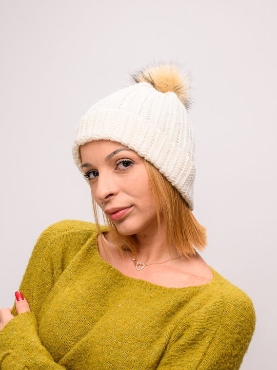 Pom Pom Beanie Feminin Căciulă cu Tricotaj Rib în culoarea Bej