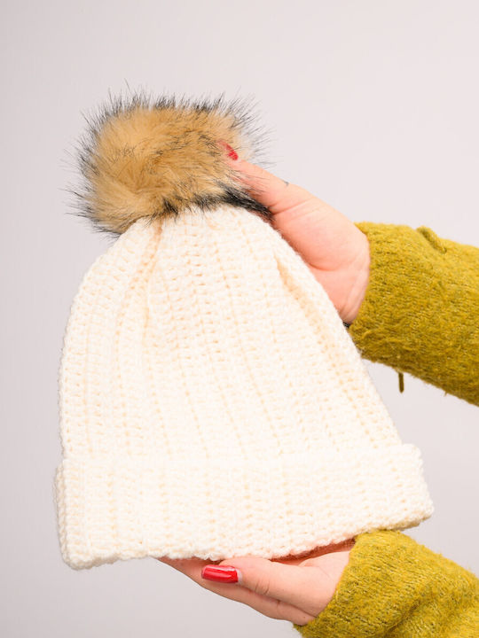 Pom Pom Beanie Feminin Căciulă cu Tricotaj Rib în culoarea Bej
