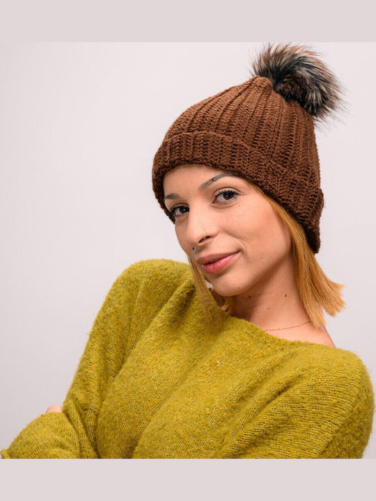 Pom Pom Beanie Γυναικείος Σκούφος με Rib Πλέξη σε Καφέ χρώμα