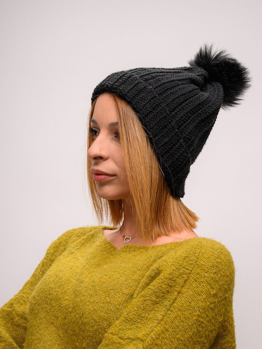 Pom Pom Beanie Frauen Beanie mit Rippstrick in Schwarz Farbe