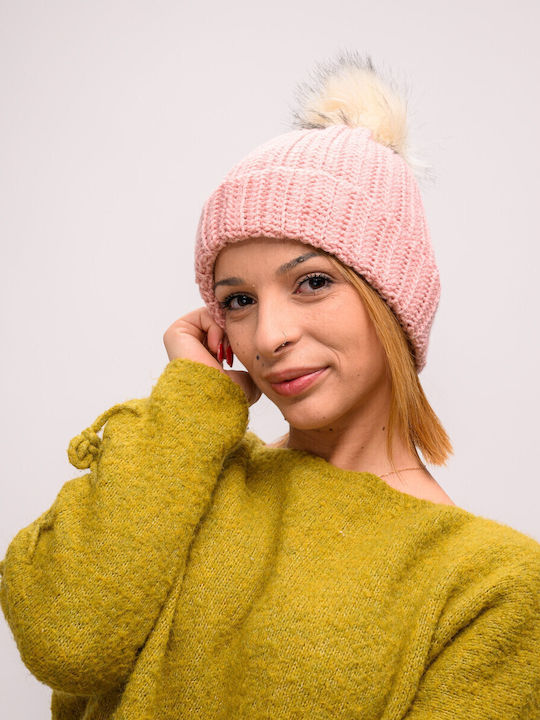 Pom Pom Beanie Γυναικείος Σκούφος με Rib Πλέξη σε Ροζ χρώμα