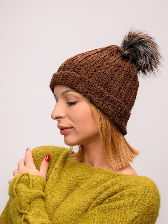 Pom Pom Beanie Γυναικείος Σκούφος με Rib Πλέξη σε Καφέ χρώμα