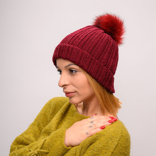 Pom Pom Beanie Frauen Beanie mit Rippstrick in Burgundisch Farbe