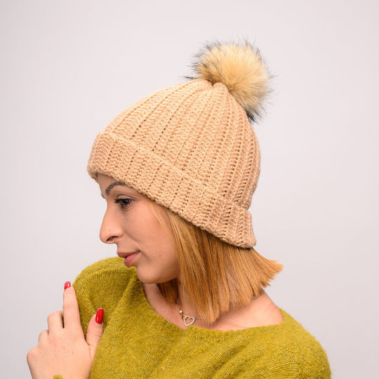 Pom Pom Beanie Beanie with Rib Knit in Beige color