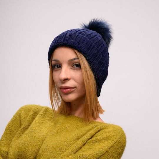 Pom Pom Beanie Beanie with Rib Knit in Navy Blue color