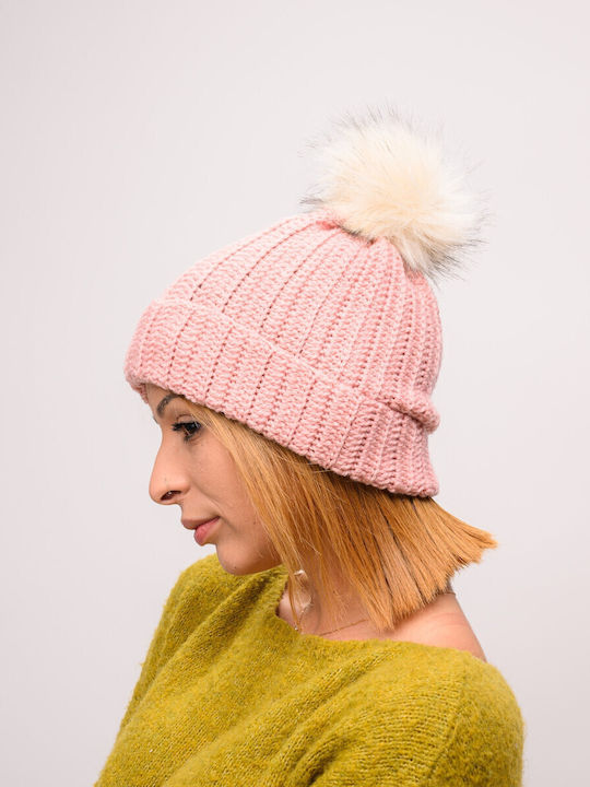 Pom Pom Beanie Γυναικείος Σκούφος με Rib Πλέξη σε Ροζ χρώμα