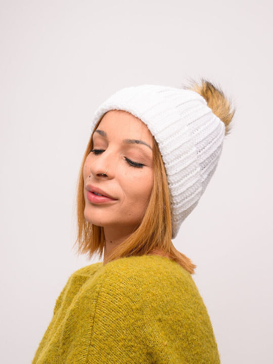 Pom Pom Beanie Frauen Beanie mit Rippstrick in Weiß Farbe
