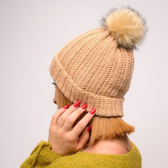 Pom Pom Beanie Beanie with Rib Knit in Beige color