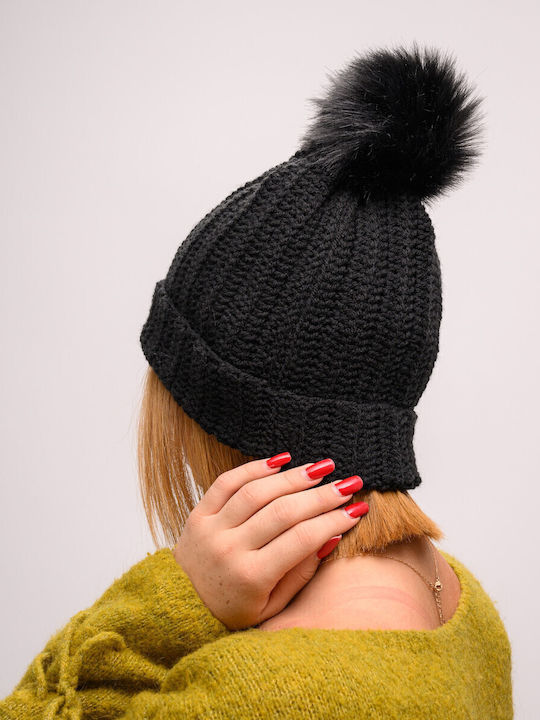 Pom Pom Beanie Frauen Beanie mit Rippstrick in Schwarz Farbe