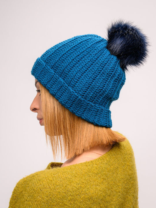 Pom Pom Beanie Frauen Beanie mit Rippstrick in Blau Farbe