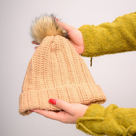 Pom Pom Beanie Beanie with Rib Knit in Beige color