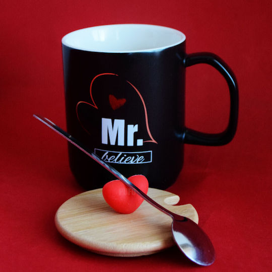 Keramiktasse Bamboo Deckel Pufo Mr Believe Kaffee Tee 340 ml Schwarze
