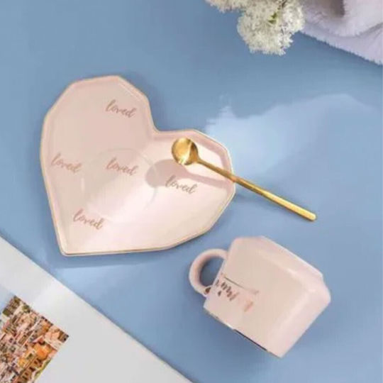 Ceramic Mug Heart-shaped Plate Pufo Be Mine Spoon Coffee Tea 180 Ml Pink