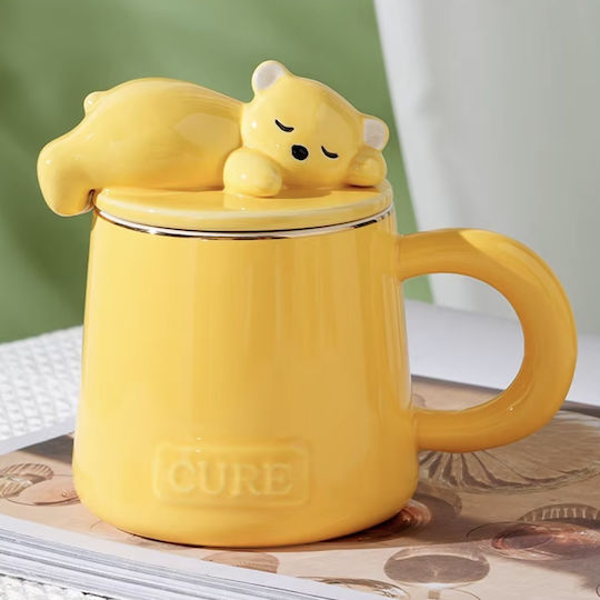 Ceramic Mug Lid Spoon Pufo Sleepy Bear Coffee Tea 320 Ml Yellow