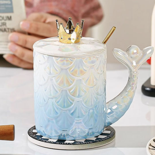 Ceramic Mug Lid Pufo Princess Spoon Coffee Tea 300 Ml Blue