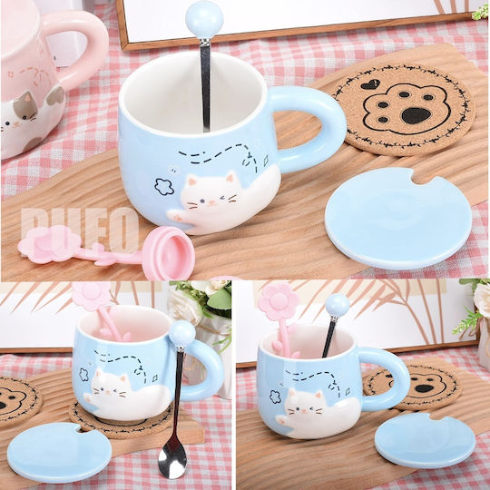 Ceramic Mug Lid Spoon Pufo Happy Kitty Coffee Tea 350 Ml Blue