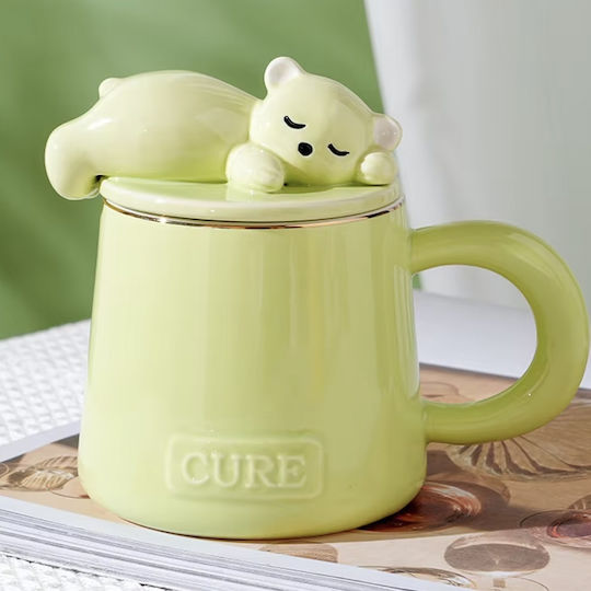 Keramiktasse mit Deckel Löffel Pufo Sleepy Bear Kaffee Tee 320 ml Grünes
