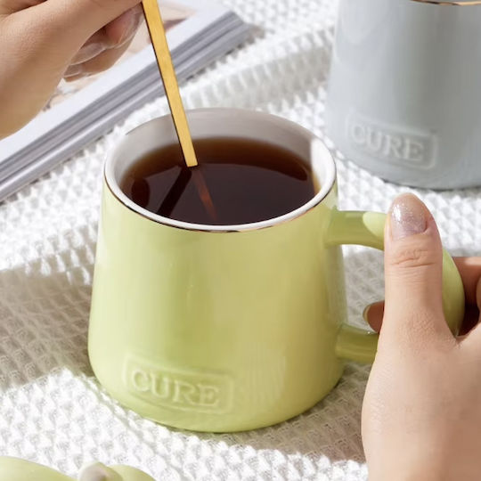 Keramiktasse mit Deckel Löffel Pufo Sleepy Bear Kaffee Tee 320 ml Grünes