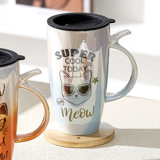 Cana Ceramică Înaltă Cu Capac Pufo Cool Today Cafea Ceai 450 Ml
