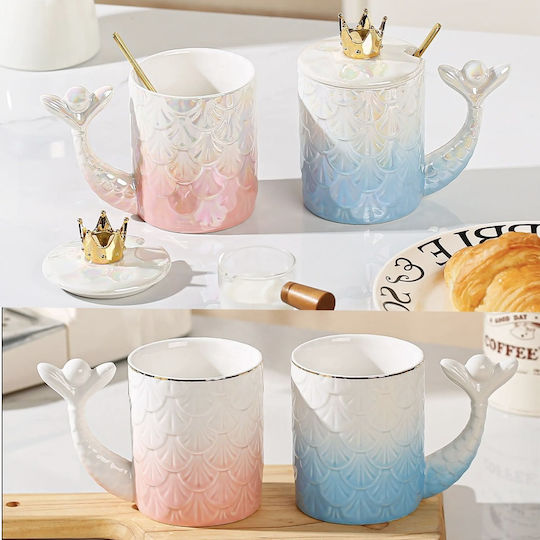 Ceramic Mug Lid Pufo Princess Spoon Coffee Tea 300 Ml Pink