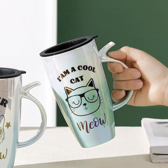 Cana Înaltă Ceramică Cu Capac Pufo Cool Cat Cafe Ceai 450 Ml