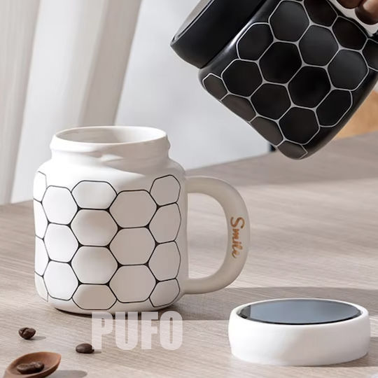 Keramische Tasse Mit Deckel Pufo Simply Smile Kaffee Tee 400 ml Weiß