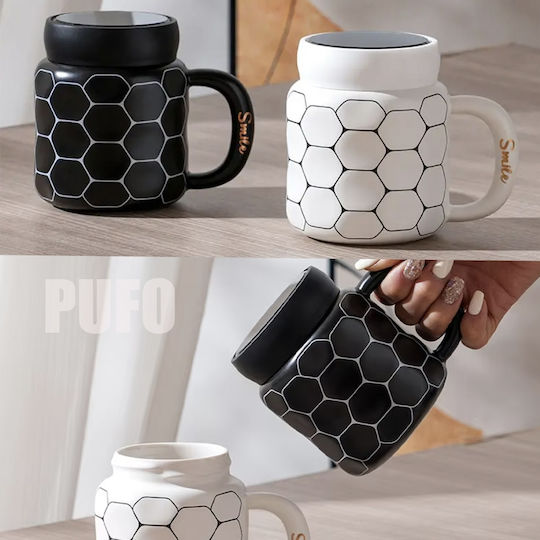 Keramische Tasse Mit Deckel Pufo Simply Smile Kaffee Tee 400 ml Schwarze