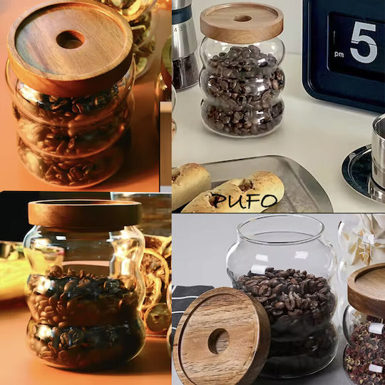 Borosilicate Glass Jar Pufo Spicey Sugar Coffee Tea Spices Wooden Lid 600 Ml