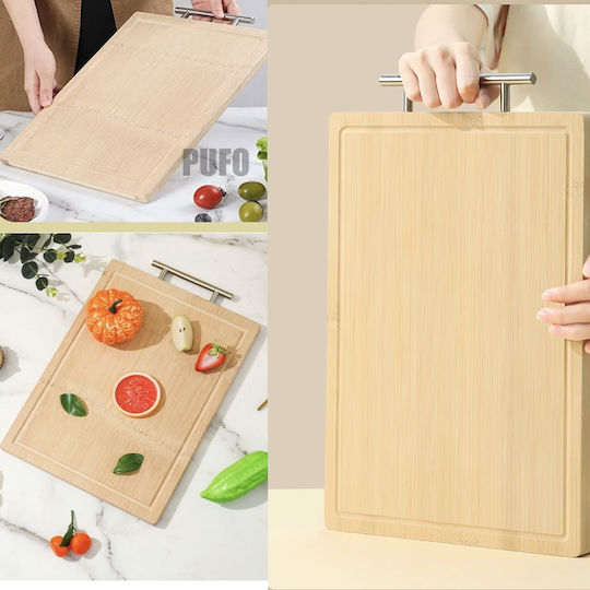 Premium Bamboo Wood Kitchen Chopping Board with Metal Handle Brown 41 x 28 cm