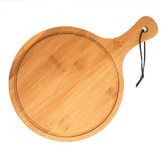 Round Bamboo Wood Serving Platter Handle Food Appetizers Pizza 44 Cm Brown