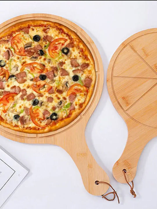 Round Bamboo Wood Serving Platter Handle Food Appetizers Pizza 43 X 30 Cm Brown