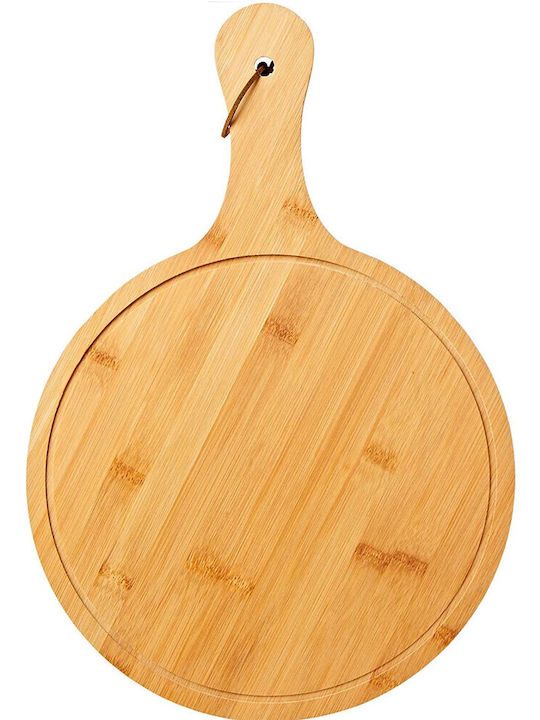 Round Bamboo Wooden Serving Platter with Handle for Food Appetizers and Pizza 38 cm Brown